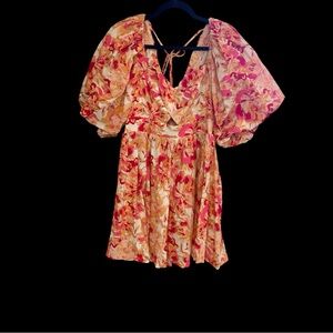 NWT Amalie Penelopia Mini Puff Sleeve Twist Bodice Tie Back Dress